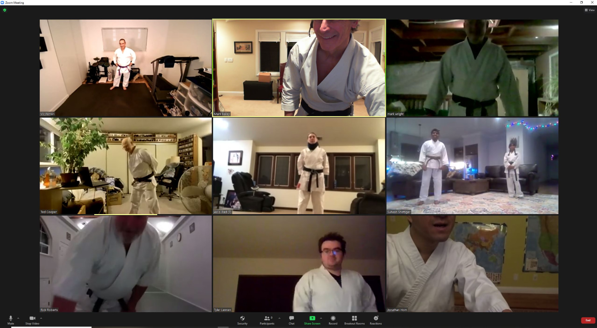 Pacific Coast Karate Do karateka training Shotokan together in a live Zoom class